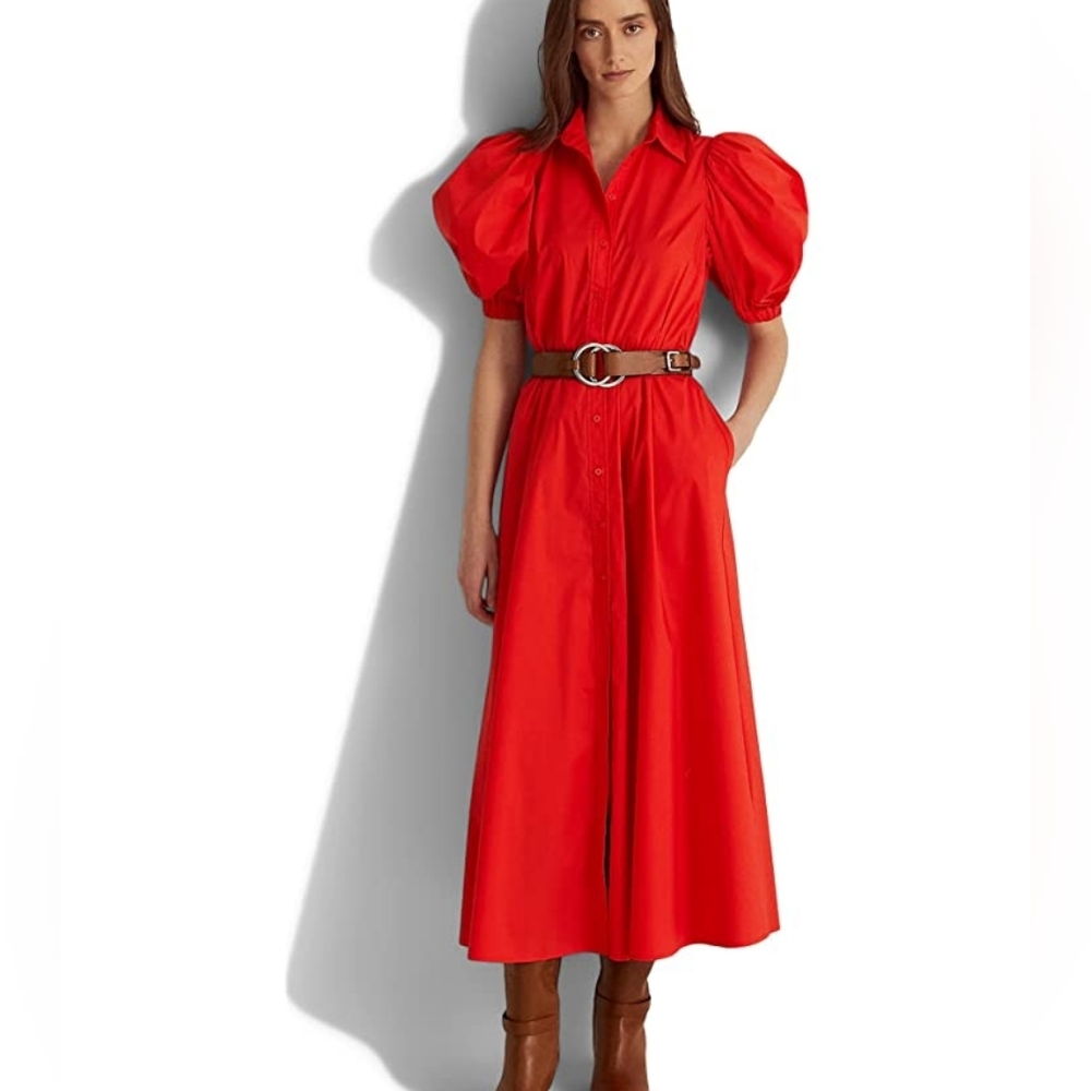 Ralph lauren puff-sleeve midi dress red size 6 BNWT